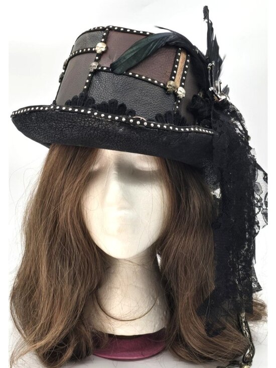 OOAK Steampunk Top Hat Gothic Victorian Leather Skull Cosplay Wearable Decor Art main image 2